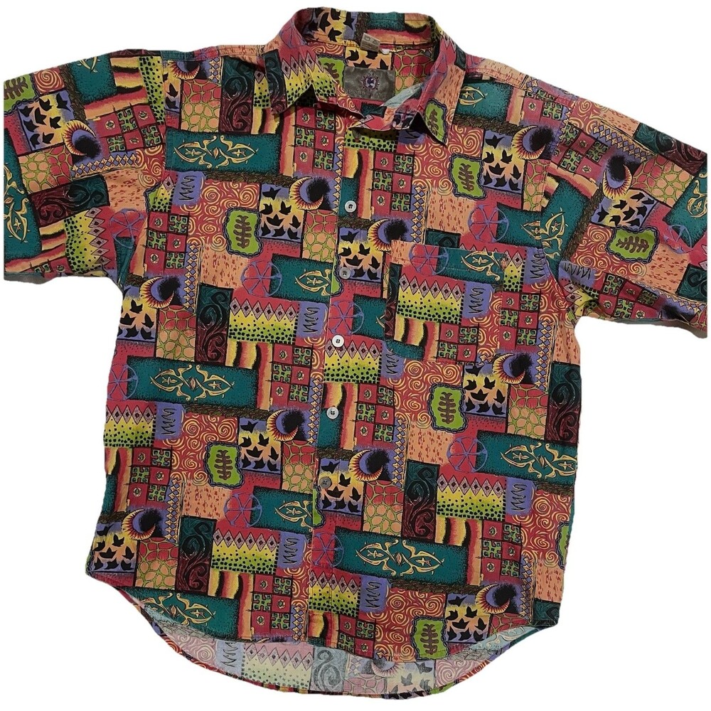 Vtg 90's The Territory Ahead Shirt Mens L Tribal Patchwork Cotton Short Sleeve - Picture 3 of 7